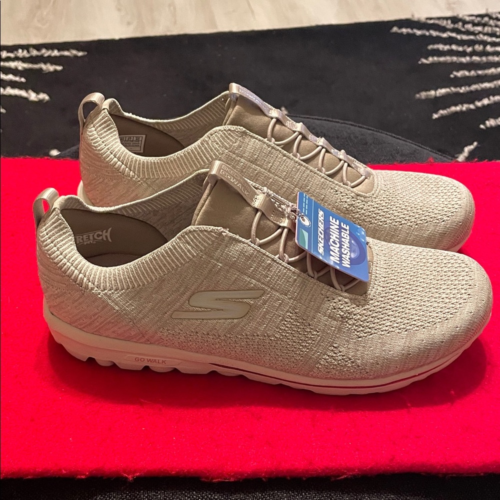 Skechers Go Walk Light Tan Knit Slip-Ons
